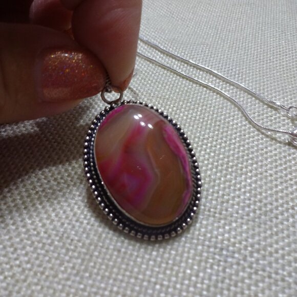 Beautiful PINK BOTSWANA AGATE Handmade Sterling 925 Pendant/Chain #388C - Picture 1 of 3